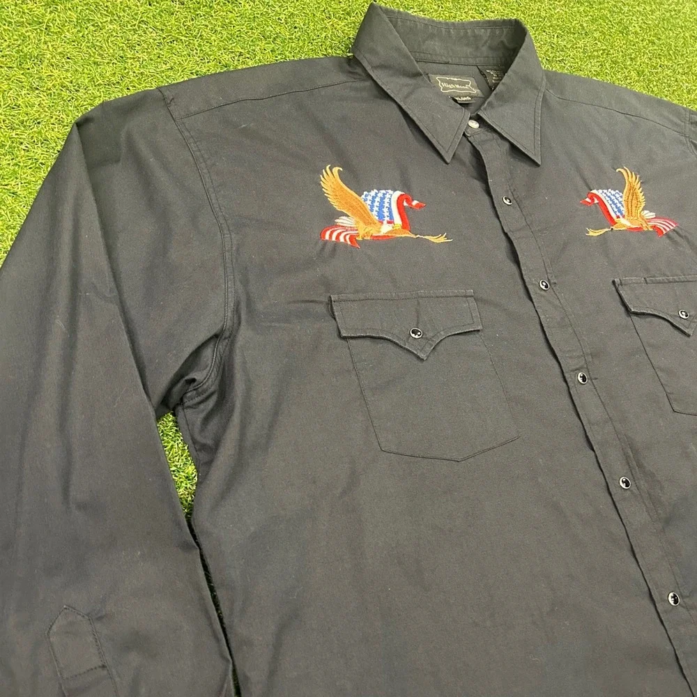 High Noon Mens XL Black Western Pearl Snap Shirt Eagle American Flag Embroidered